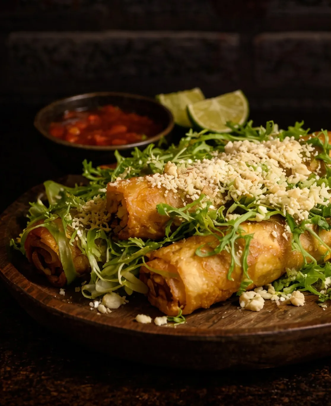 Tacos dorados con lechuga, queso y salsa roja